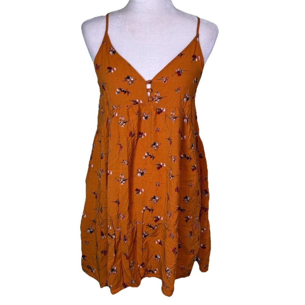 Women’s Burnt Orange Floral Babydoll Dress Feminine Romantic Picnic Size Medium
